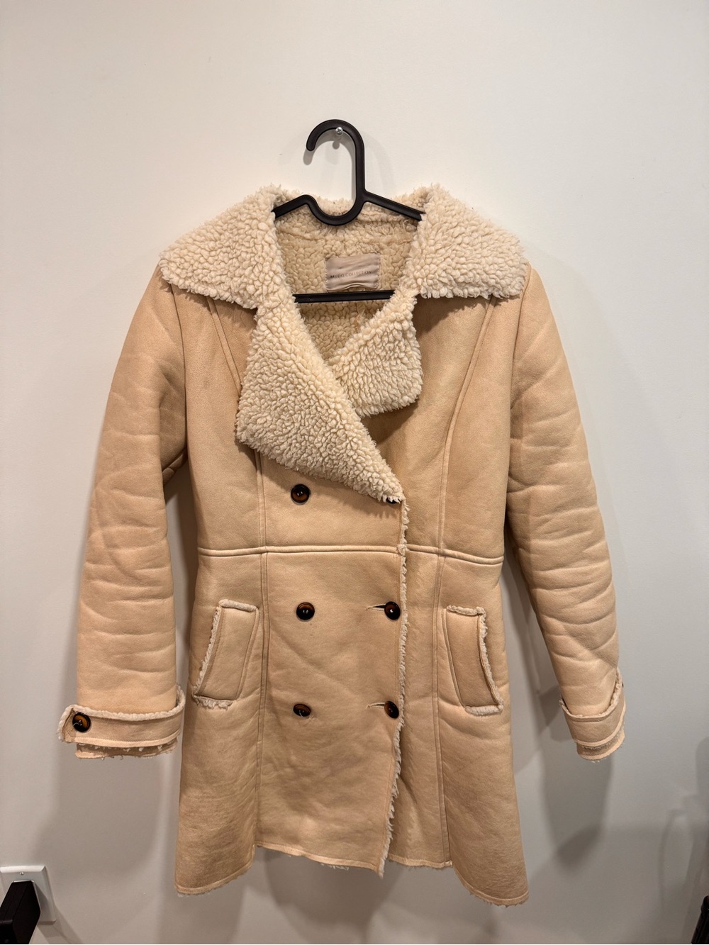 Womens Cream Shearling Double-Breasted Coat